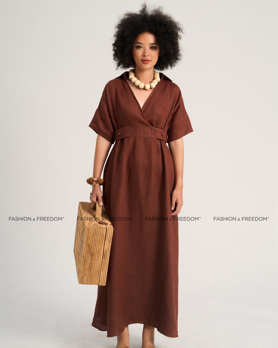 Đầm Linen Nữ Nâu Sắc Màu Tự Do