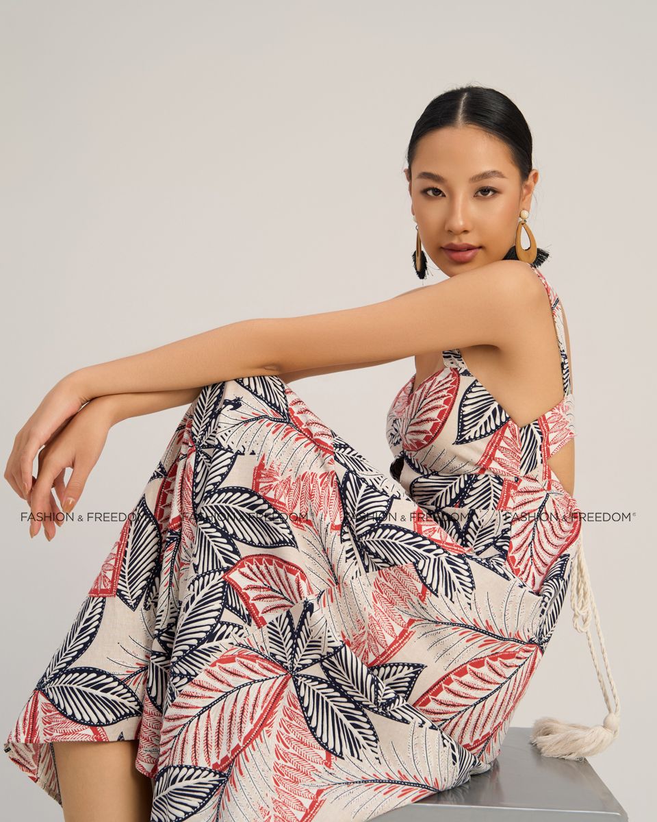 Đầm Nữ Linen Kem Họa Tiết Đỏ The  Art Of Styling