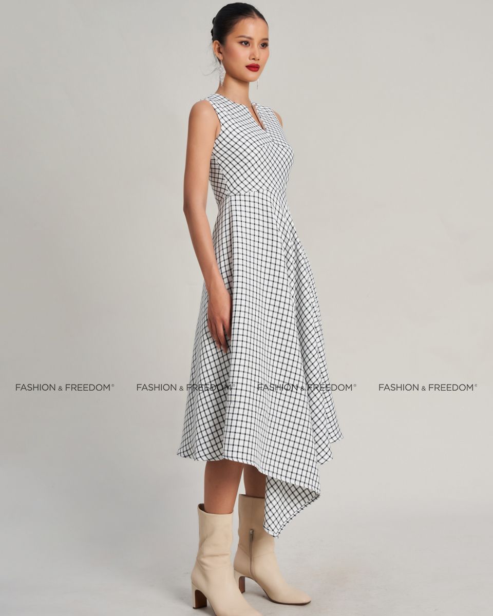 Đầm Nữ Linen Trắng Ca Rô Golden Girl