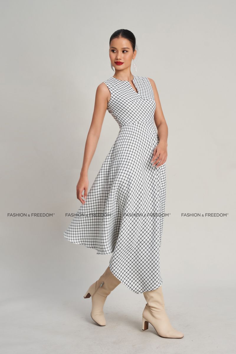 Đầm Nữ Linen Trắng Ca Rô Golden Girl