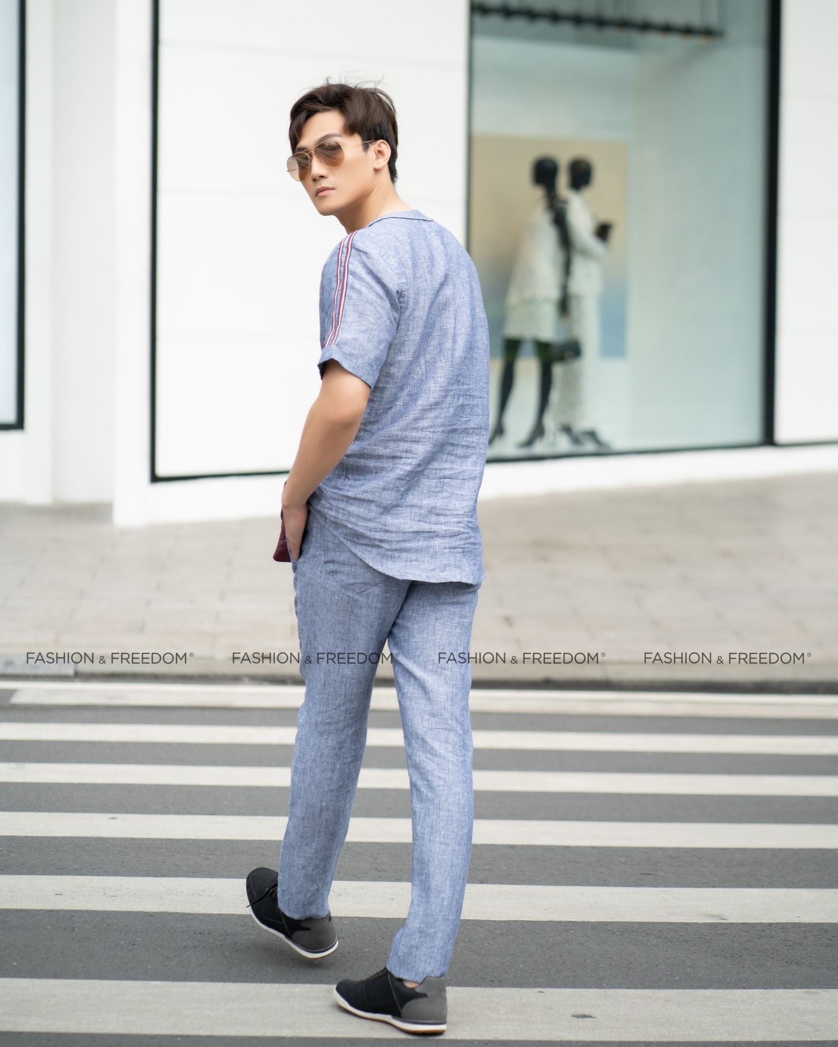 Áo Linen Xanh Xám Phối Sọc