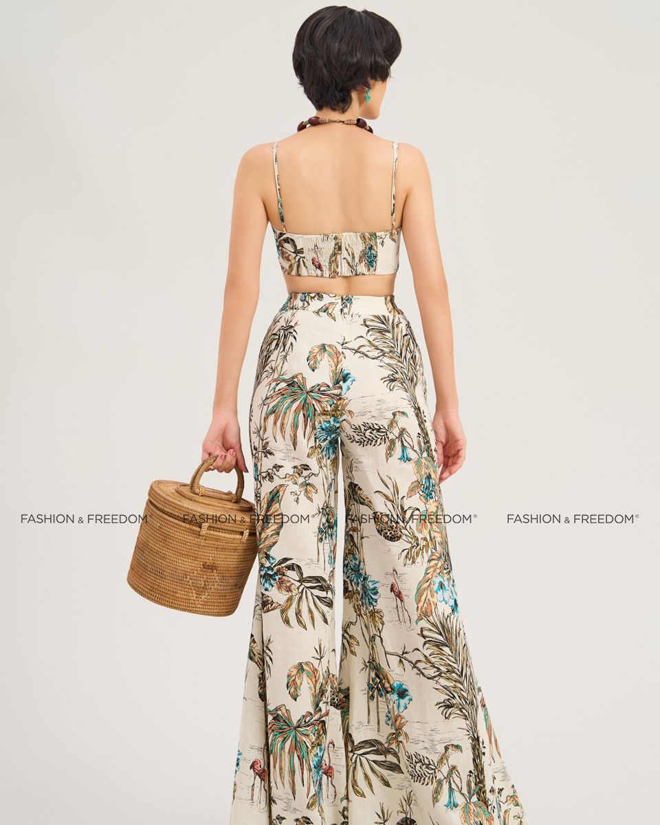 Quần Dài Linen Nữ Kem Họa Tiết