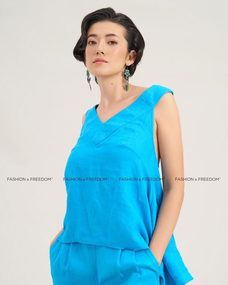 Áo Kiểu Nữ Linen Xanh Biển The Girl In Vogue