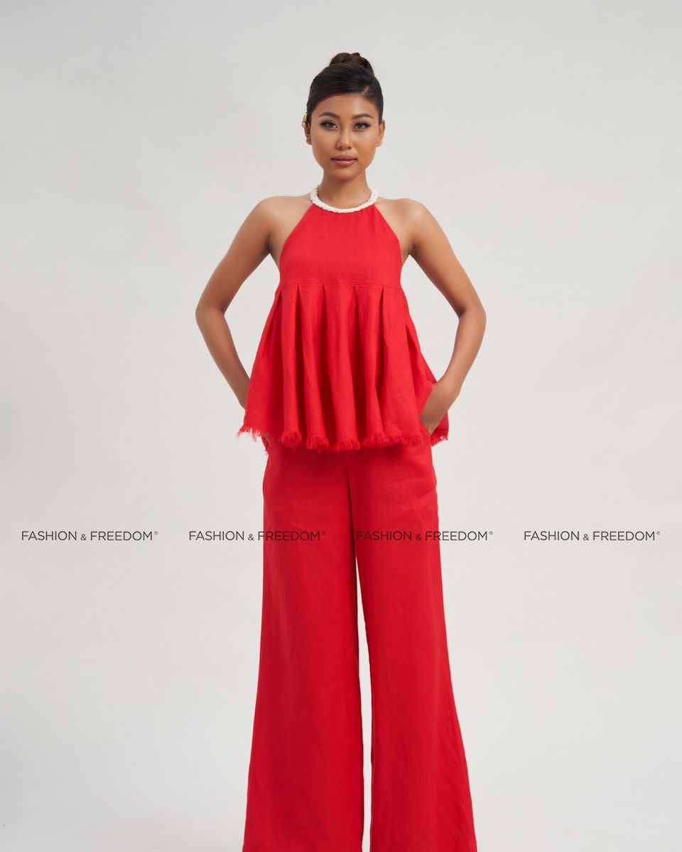 Halter Neck Top Red Linen De Soleil