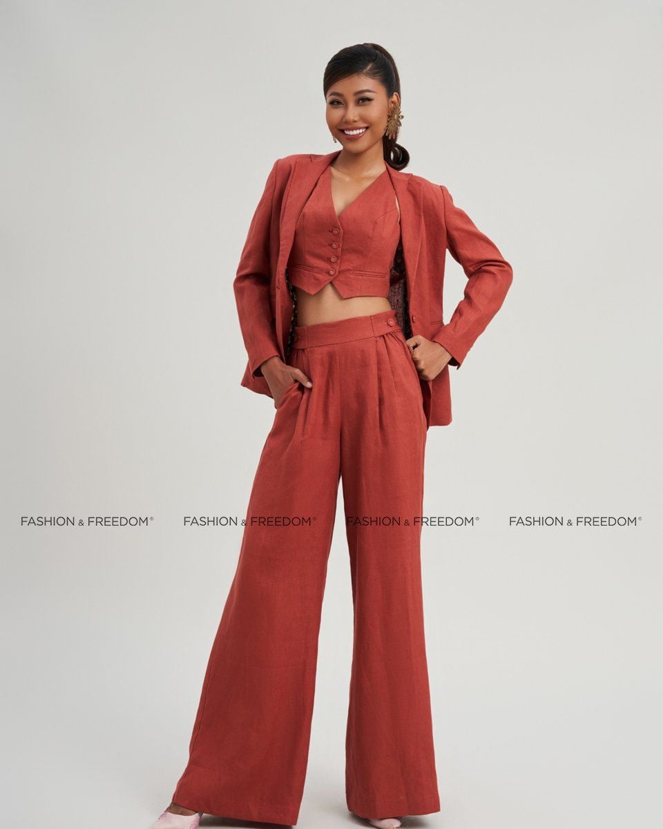 Quần Dài Linen Nữ Đỏ Mận Modern Women