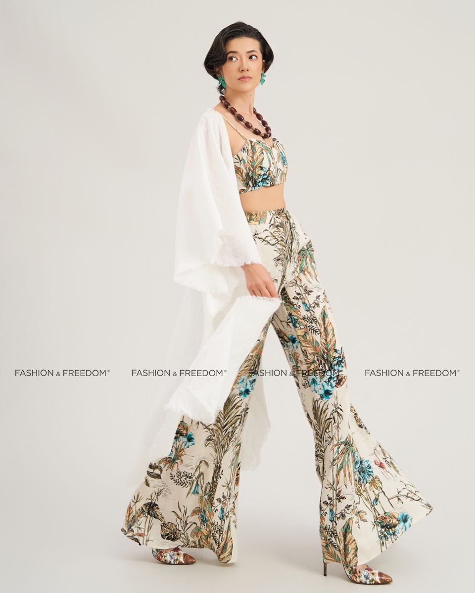 Quần Dài Linen Nữ Kem Họa Tiết