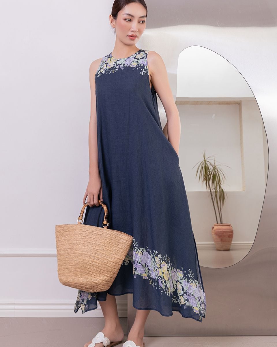 Đầm Linen Xanh Đen Hoa