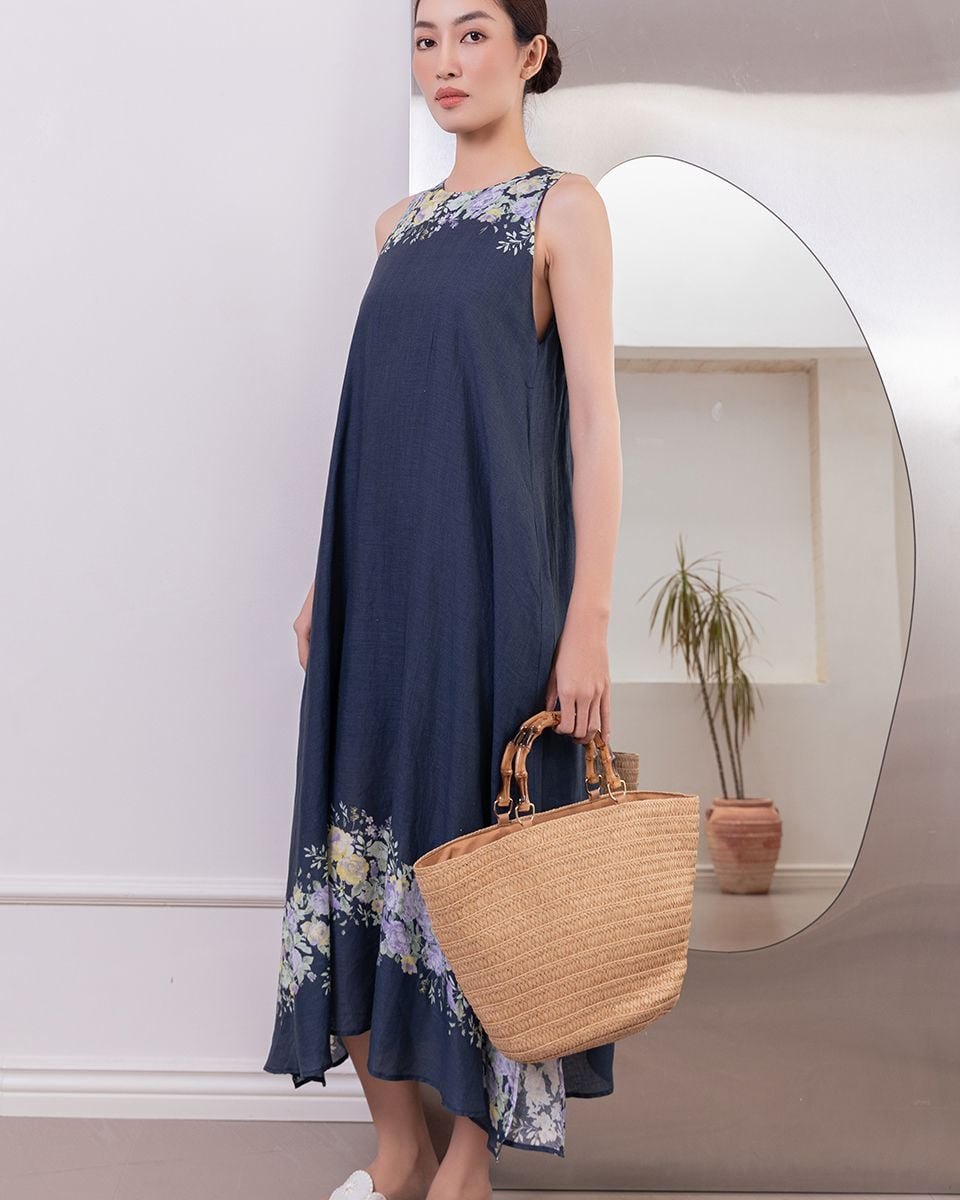 Đầm Linen Xanh Đen Hoa