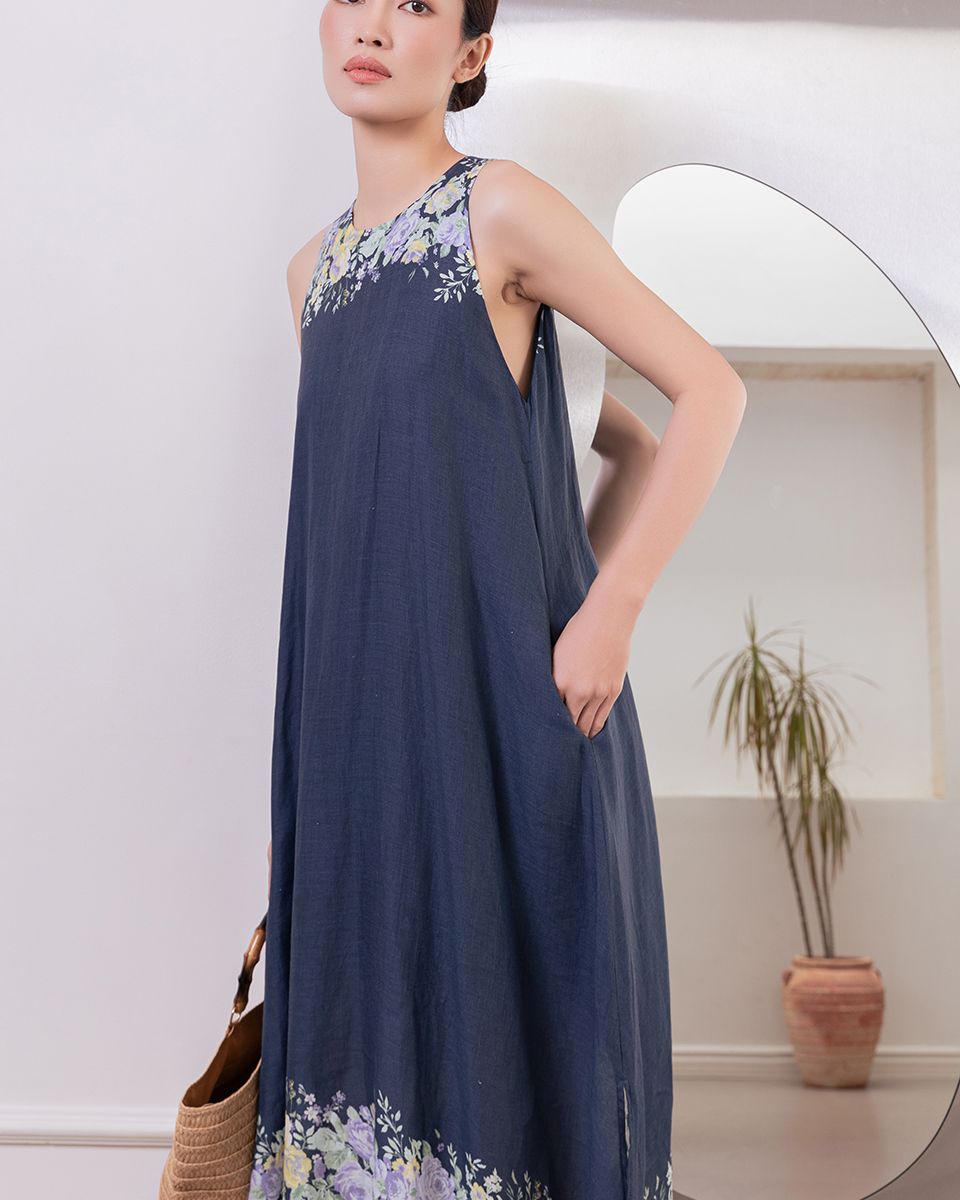 Đầm Linen Xanh Đen Hoa