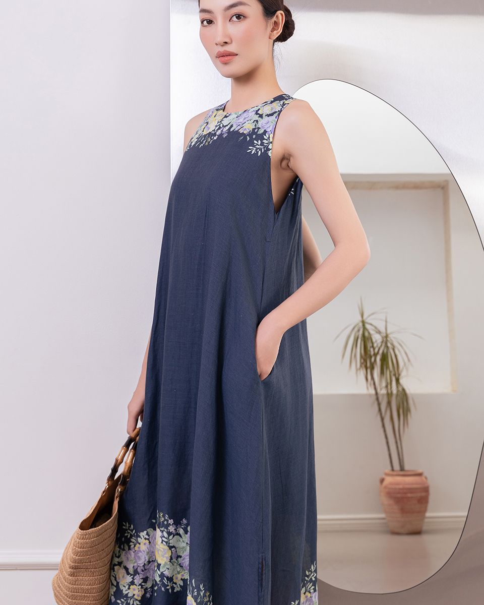 Đầm Linen Xanh Đen Hoa