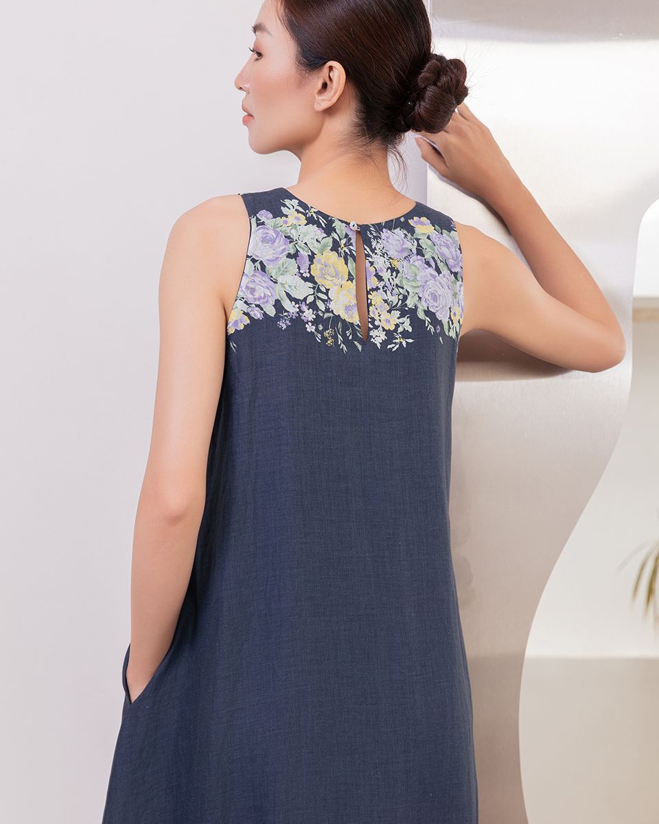 Đầm Linen Xanh Đen Hoa