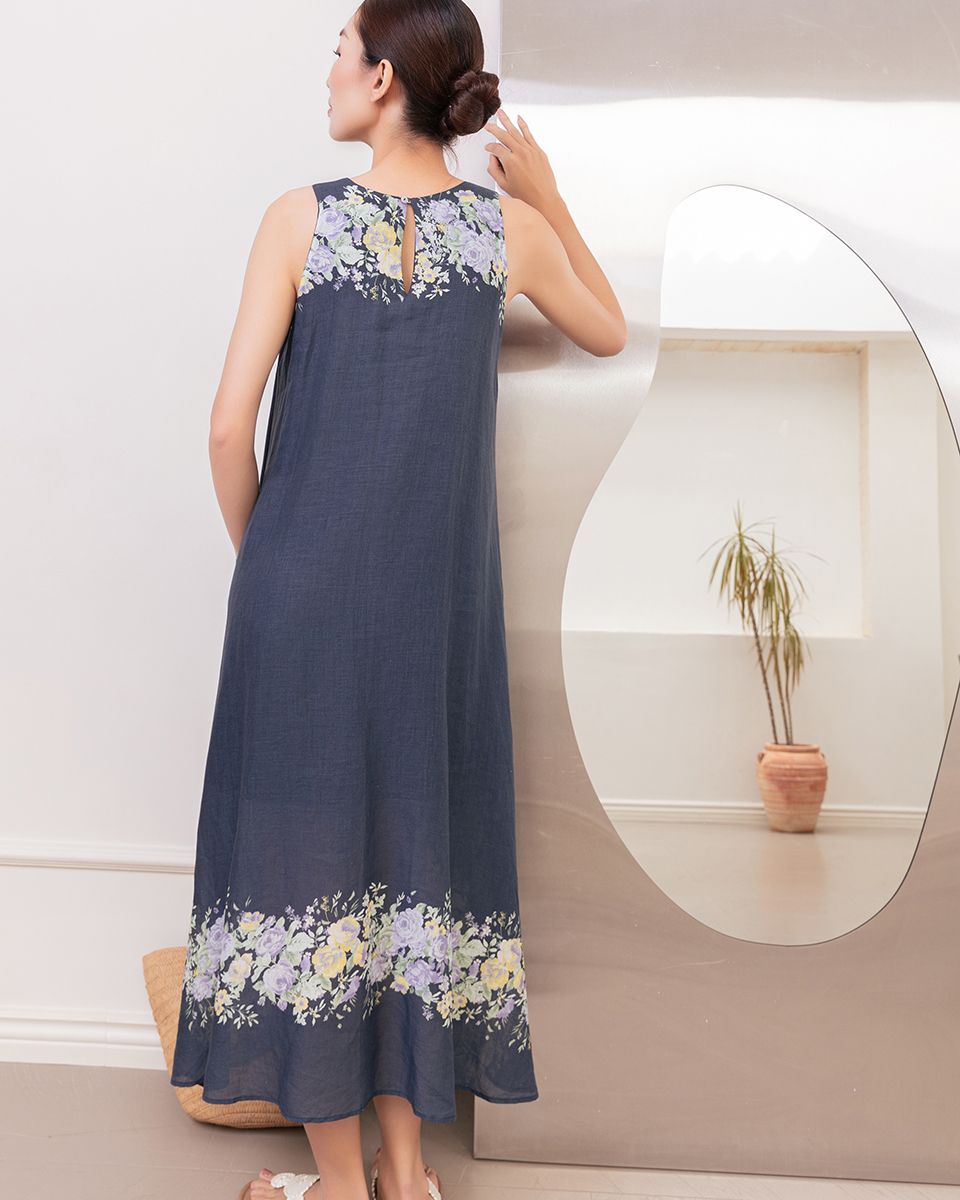 Đầm Linen Xanh Đen Hoa