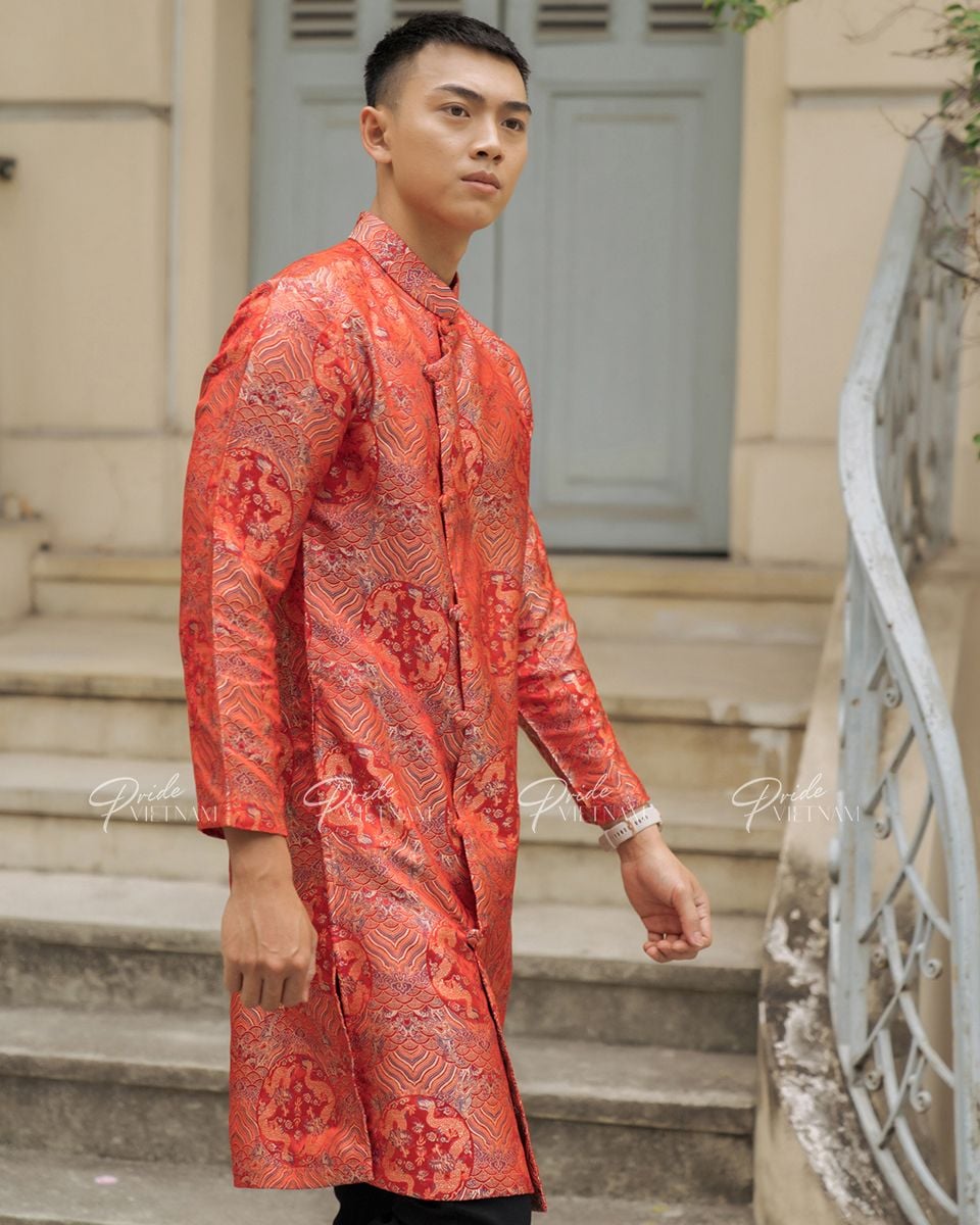 Áo Dài Gấm Cam Bừng Sắc Xuân