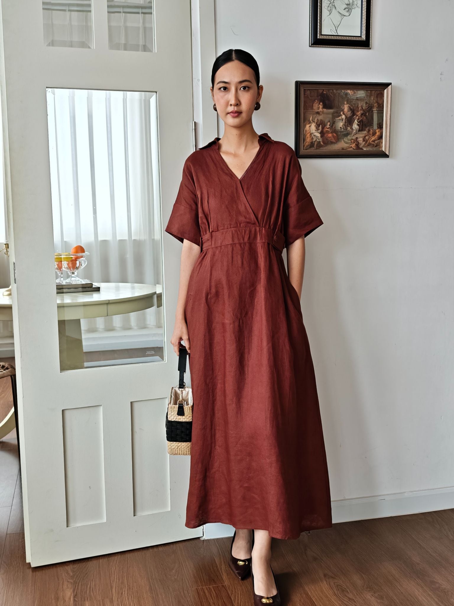 Đầm Linen Nữ Nâu Sắc Màu Tự Do