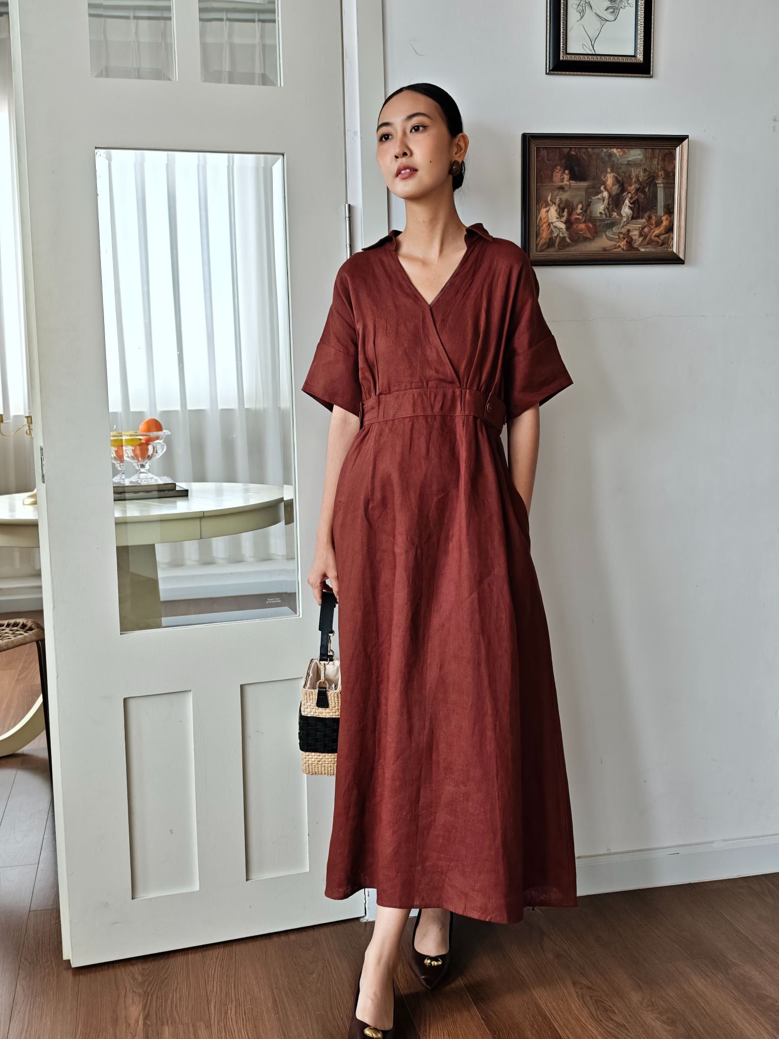 Đầm Linen Nữ Nâu Sắc Màu Tự Do