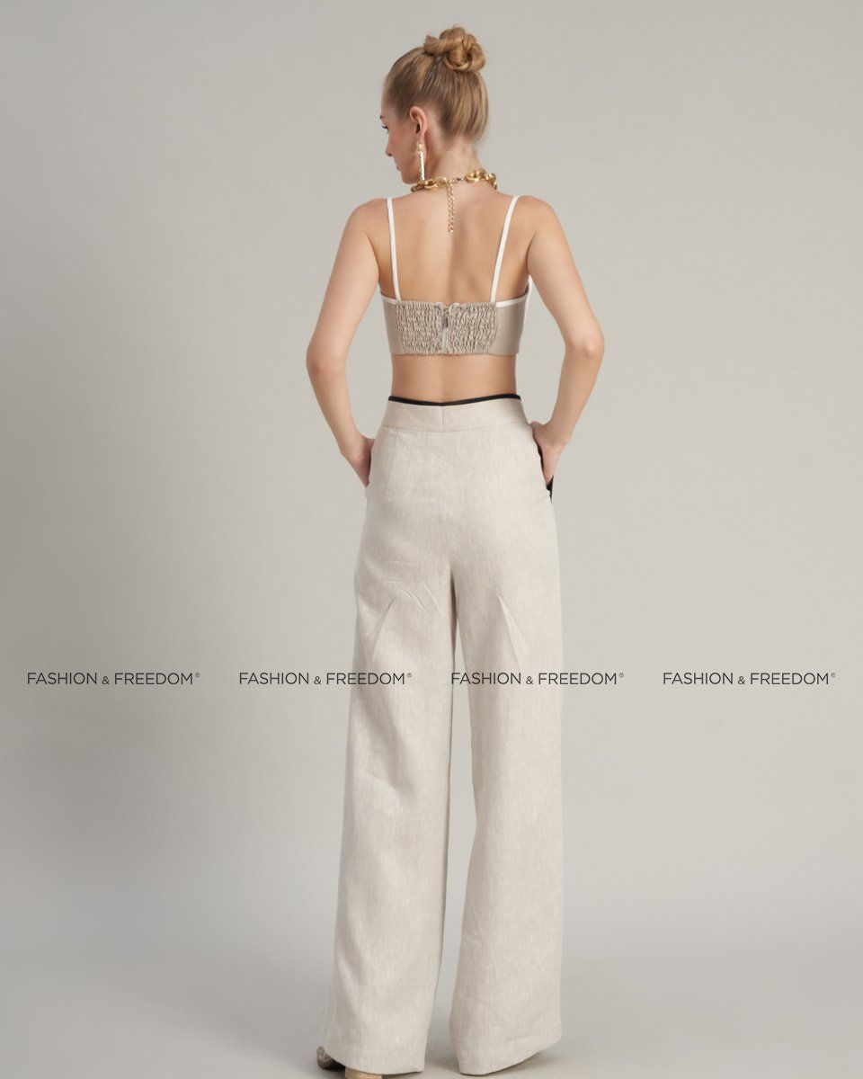 Quần Dài Linen Nữ Kem Viền Đen Hello New Day