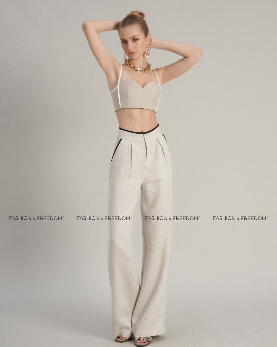 Quần Dài Linen Nữ Kem Viền Đen Hello New Day