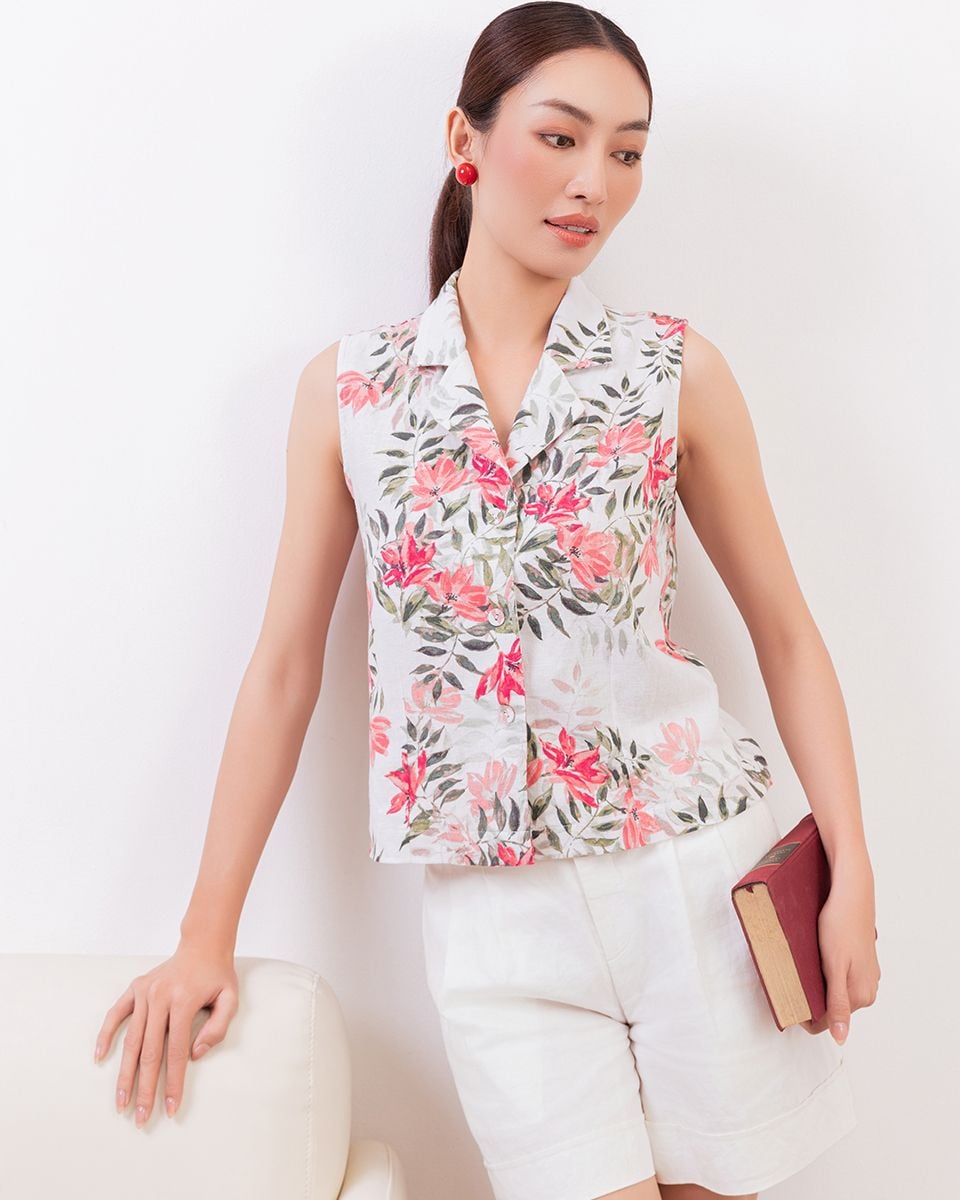 Áo Kiểu Nữ Linen Trắng Hoa Đỏ