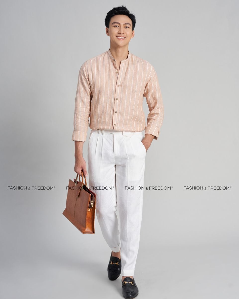 Áo Sơ Mi Nam Linen Hồng Sọc Trắng The New Cool