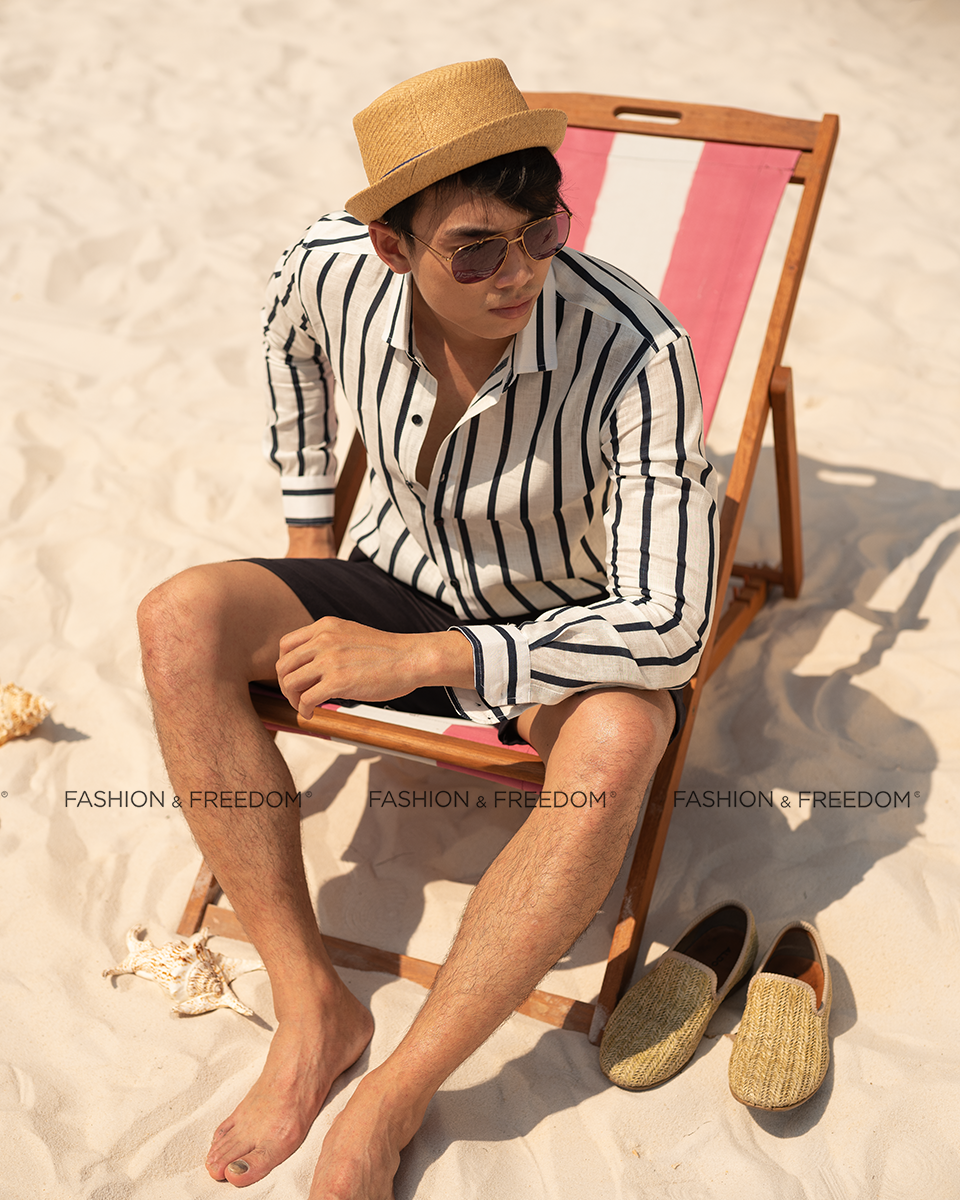 Áo Sơ Mi Nam Linen Trắng Sọc Đen