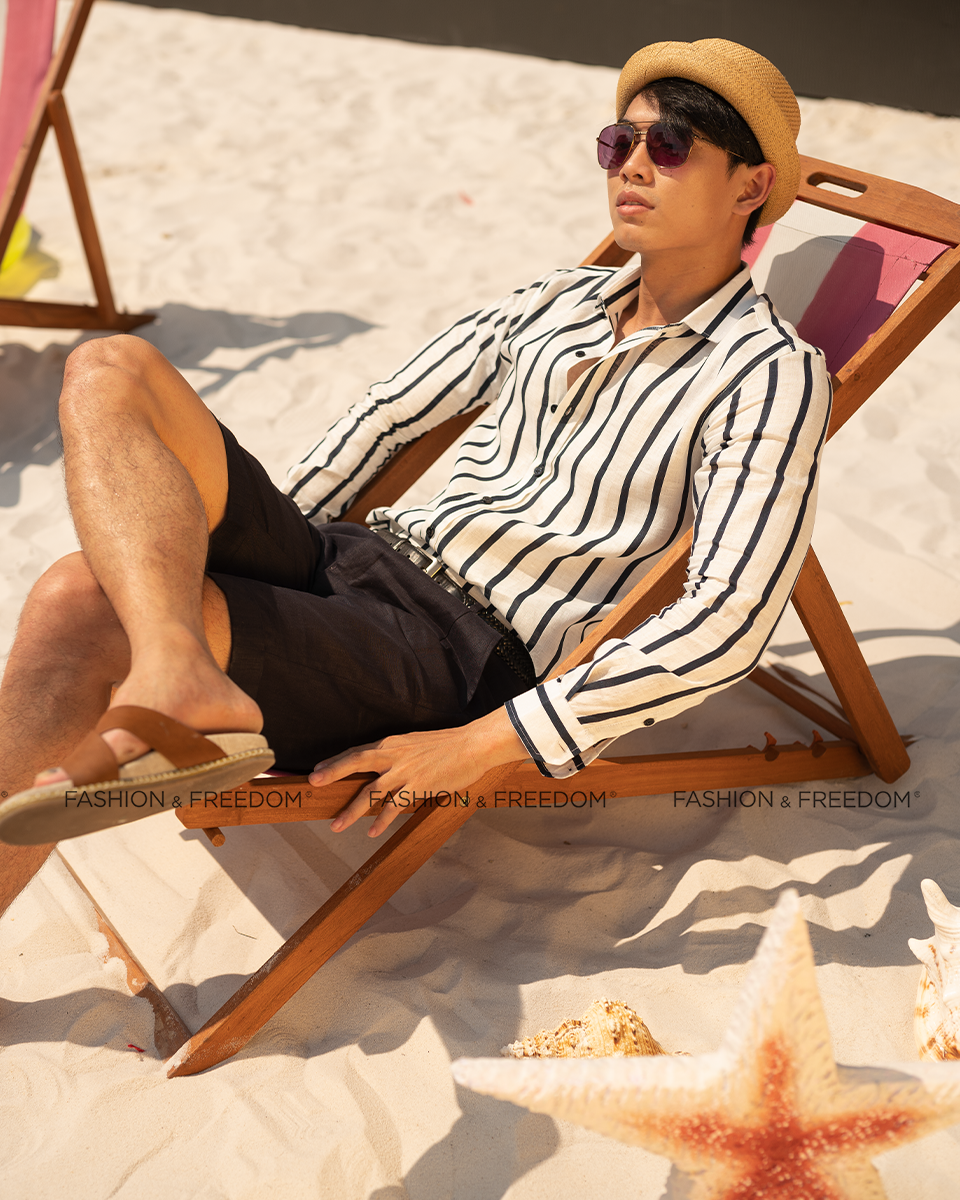 Áo Sơ Mi Nam Linen Trắng Sọc Đen