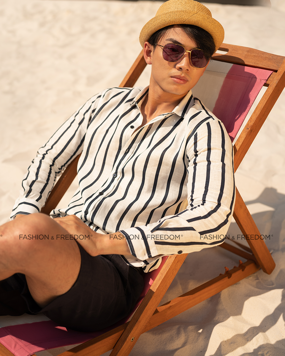 Áo Sơ Mi Nam Linen Trắng Sọc Đen