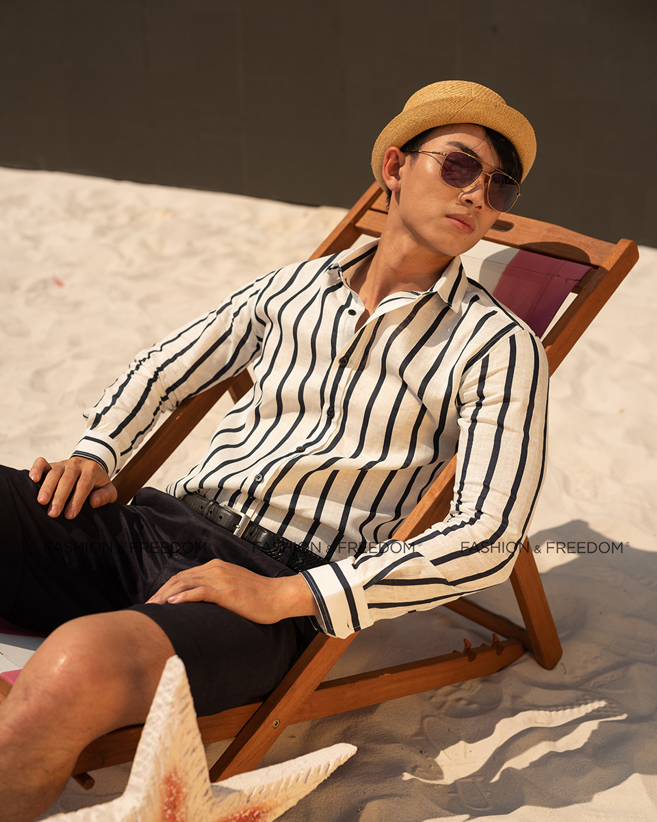 Áo Sơ Mi Nam Linen Trắng Sọc Đen