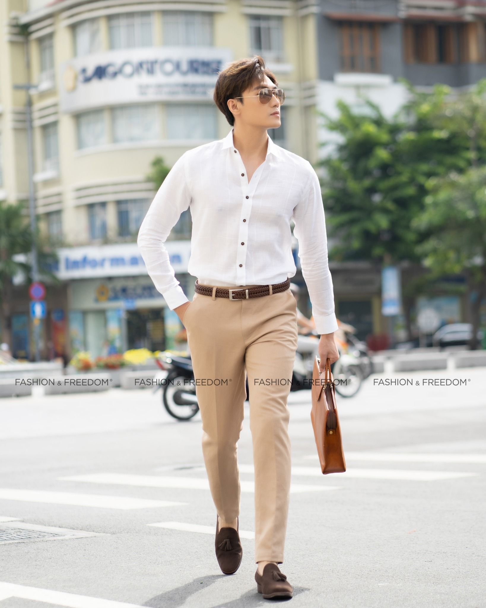Áo Sơ Mi Nam Linen Trắng Chỉ Nổi