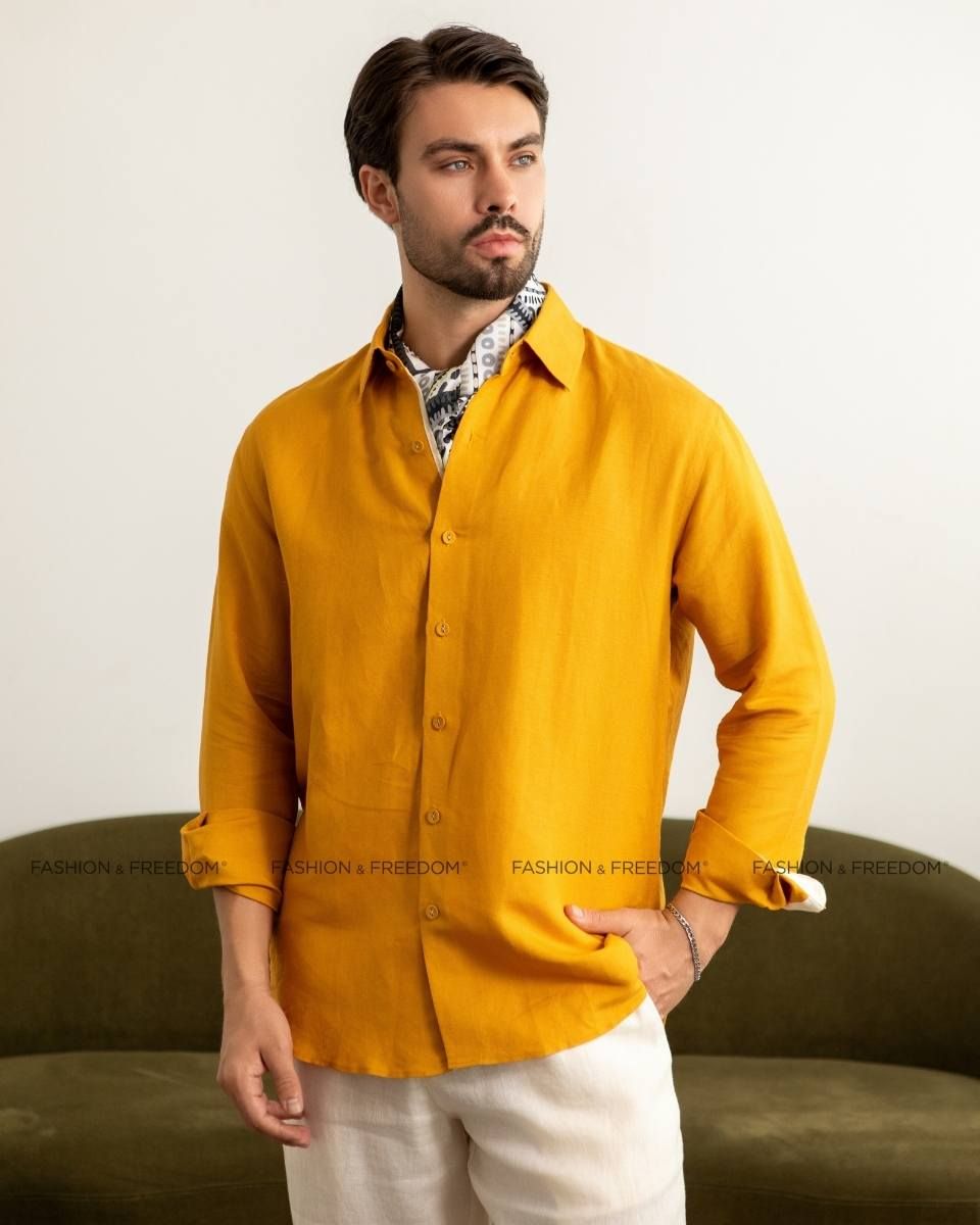 Áo Sơ Mi Linen Nam Vàng Phối Họa Tiết