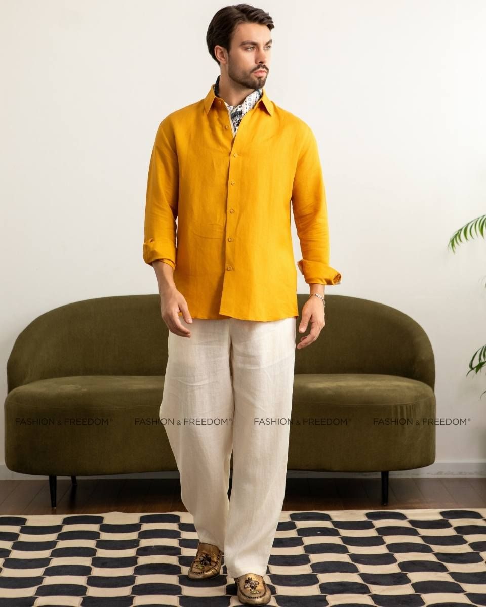 Áo Sơ Mi Linen Nam Vàng Phối Họa Tiết