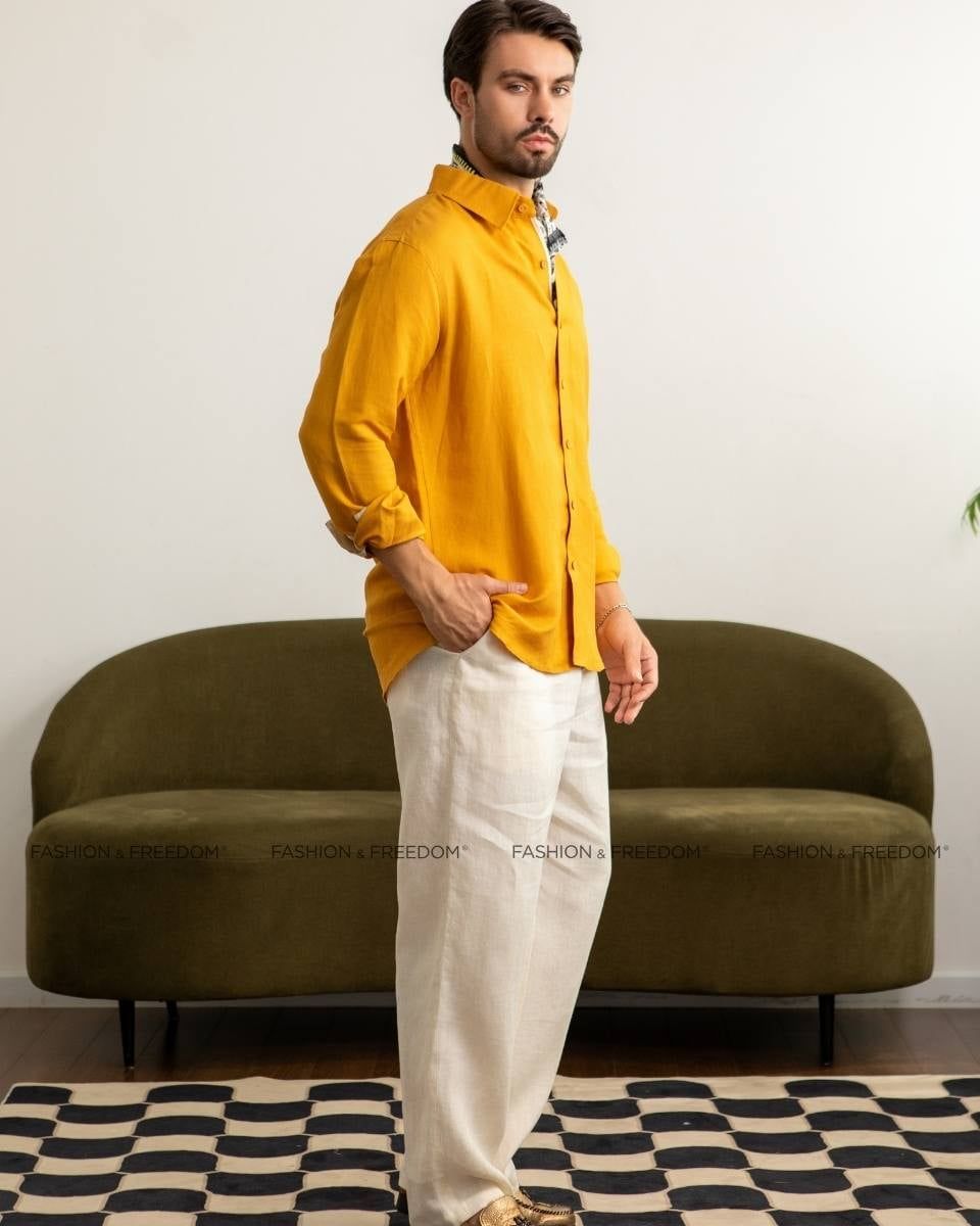 Áo Sơ Mi Linen Nam Vàng Phối Họa Tiết
