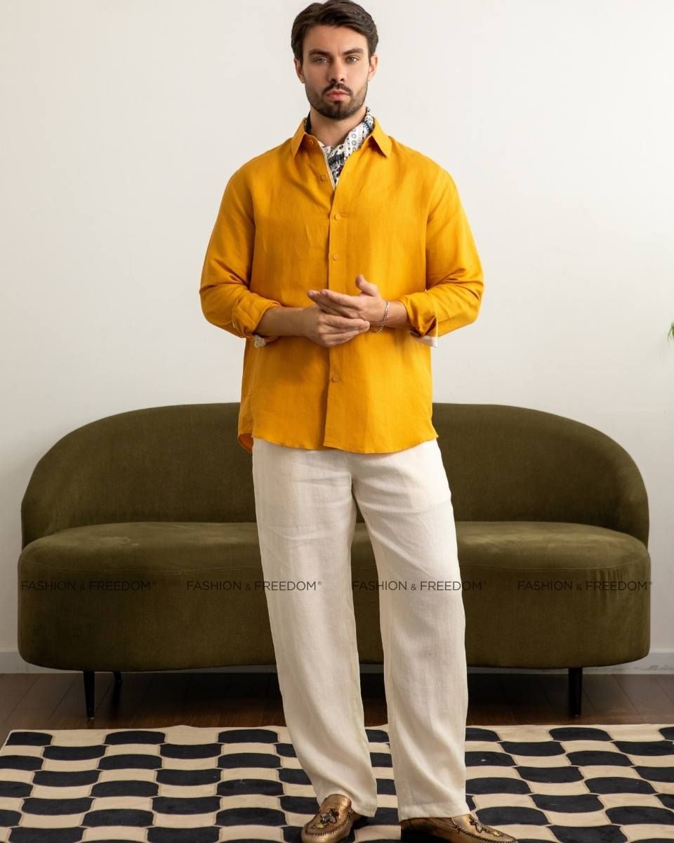 Áo Sơ Mi Linen Nam Vàng Phối Họa Tiết