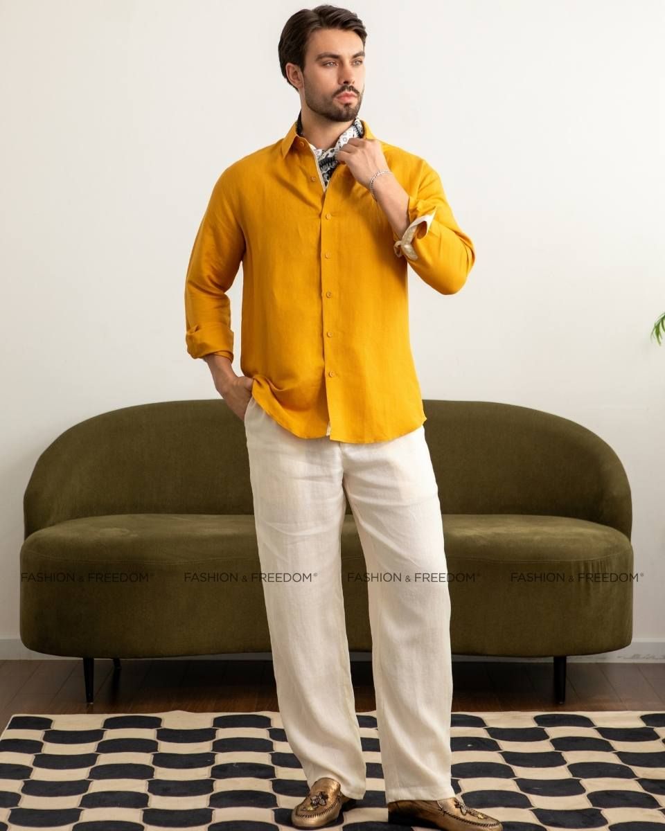 Áo Sơ Mi Linen Nam Vàng Phối Họa Tiết