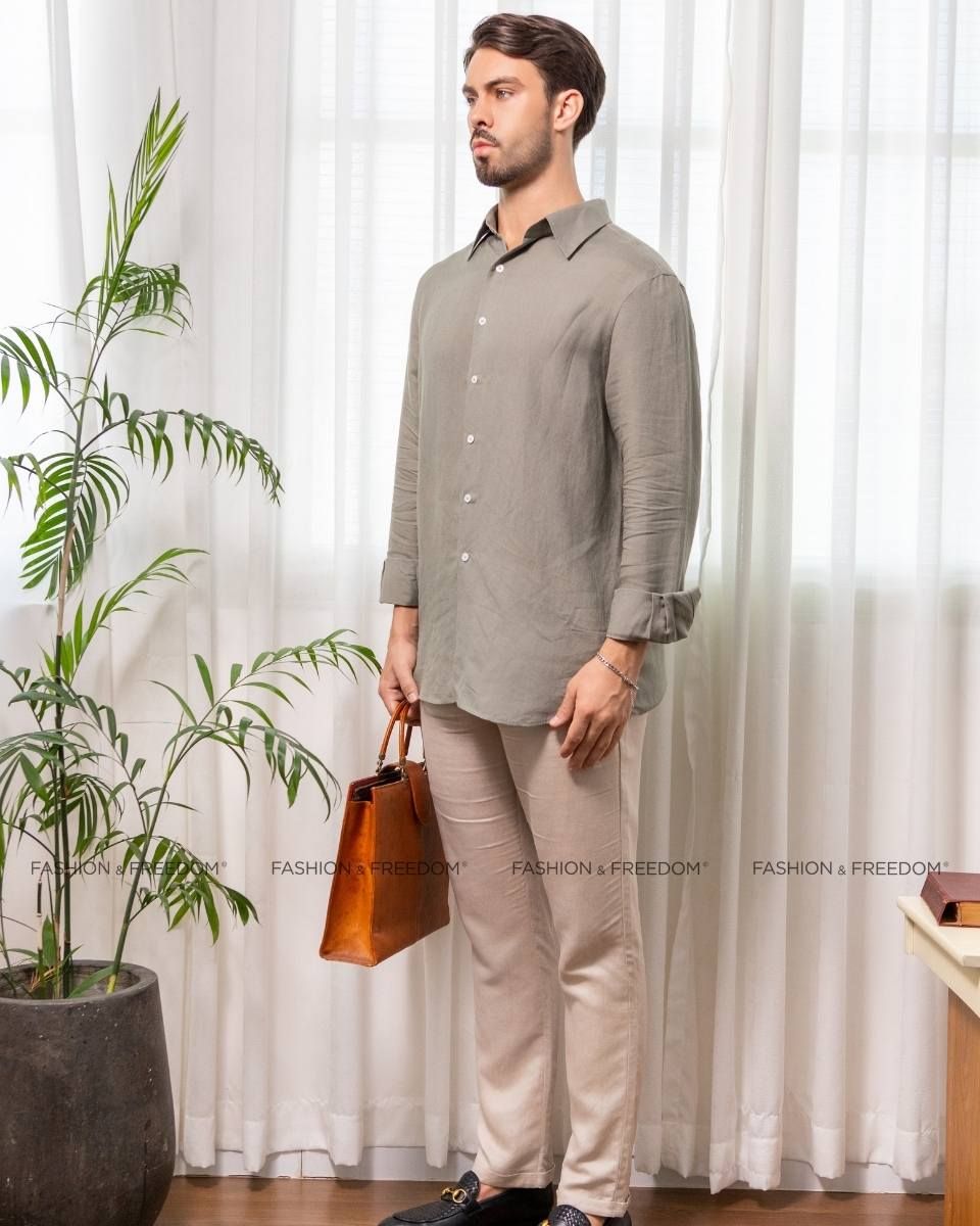 Áo Sơ Mi Nam Linen Rêu Nhạt