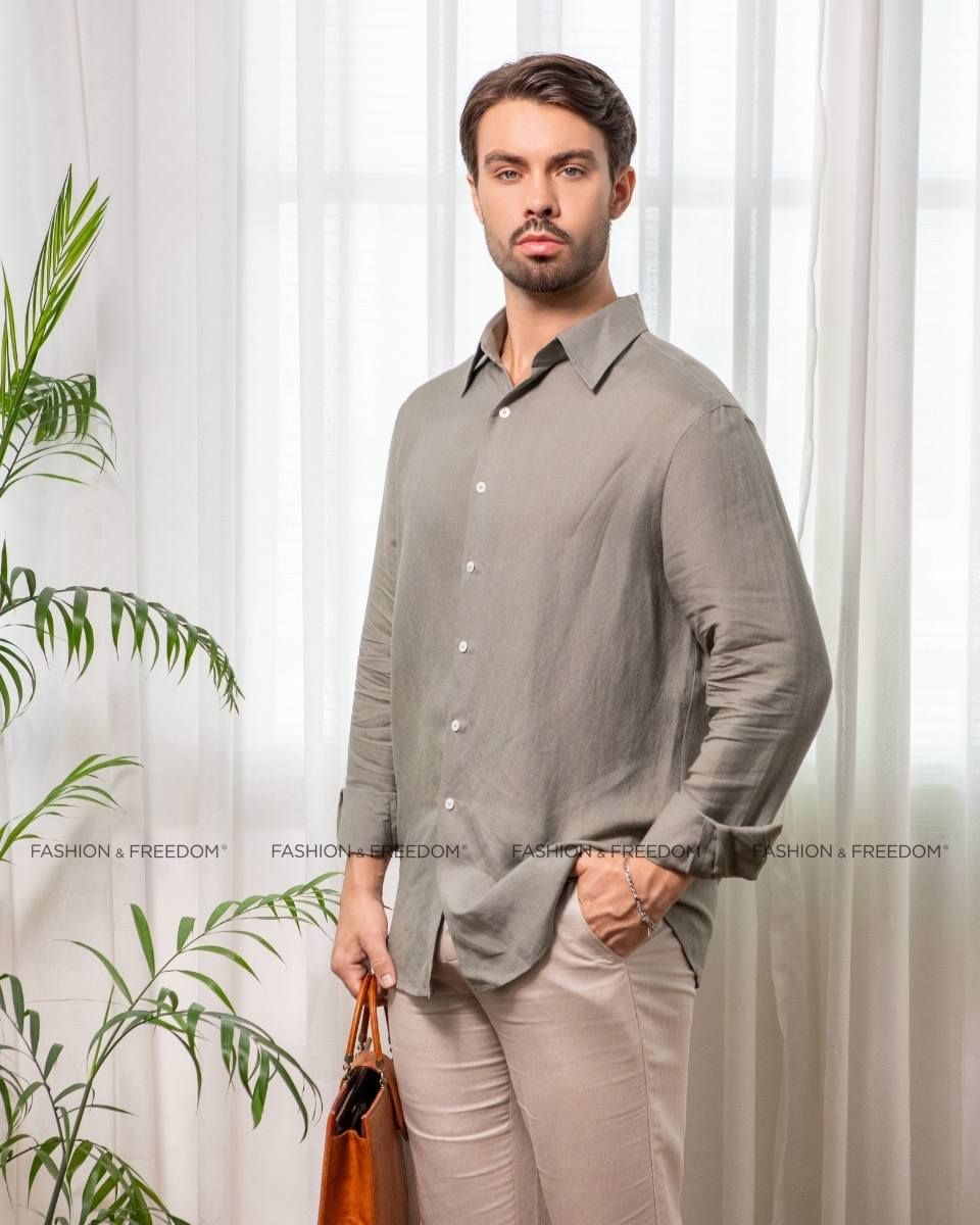 Áo Sơ Mi Nam Linen Rêu Nhạt