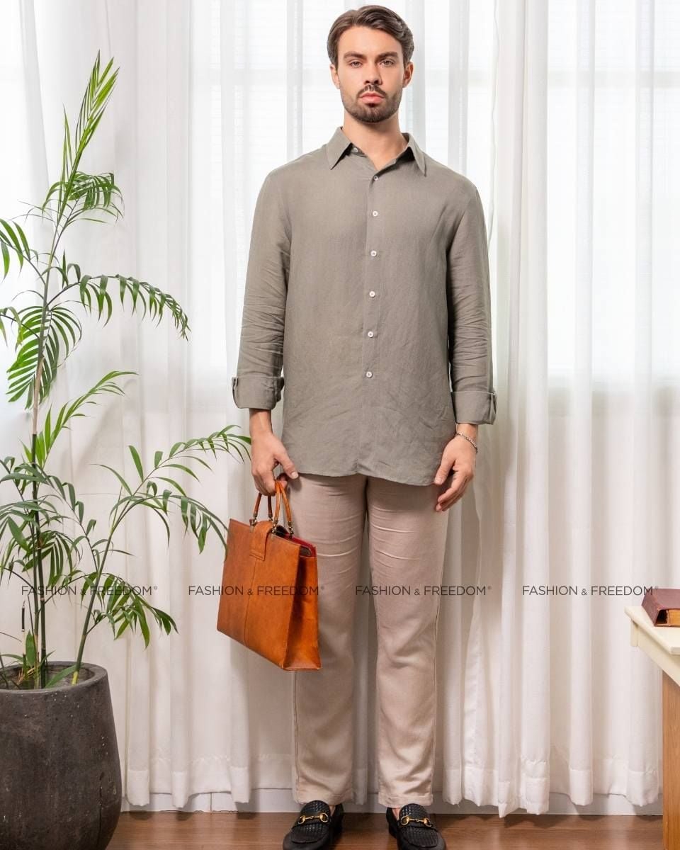 Áo Sơ Mi Nam Linen Rêu Nhạt