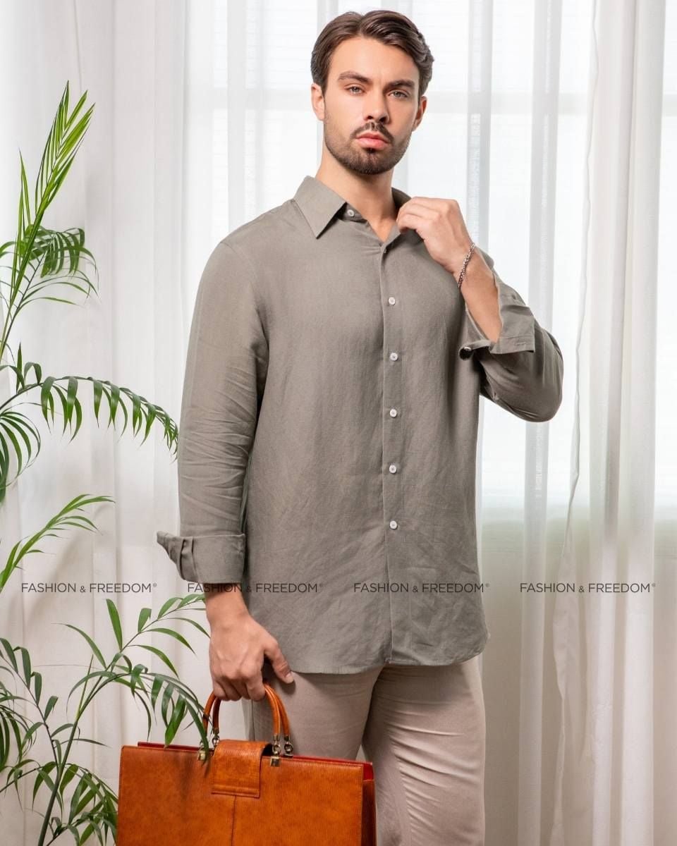 Áo Sơ Mi Nam Linen Rêu Nhạt