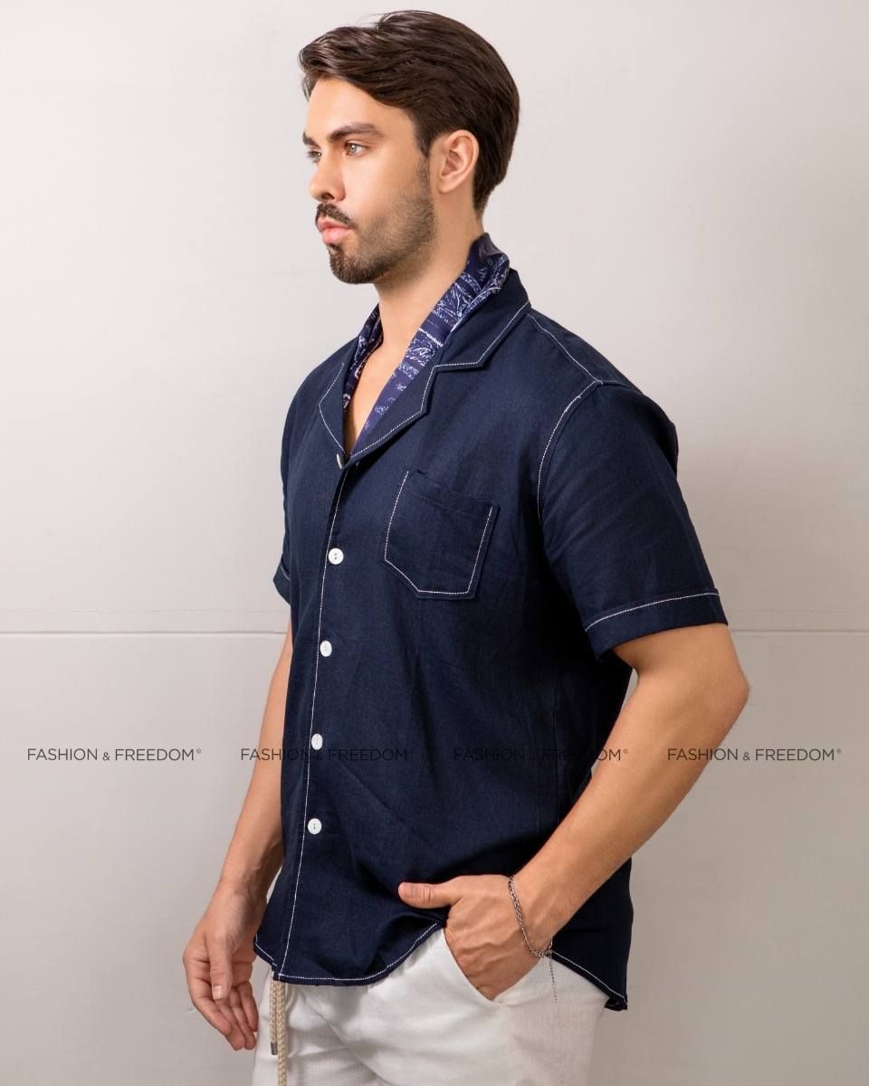 Áo Sơ Mi Nam Linen Xanh Đen Men In Style