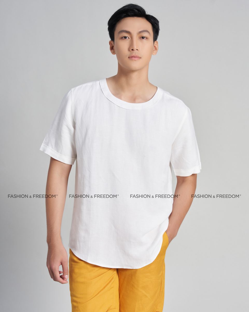 Áo Sơ Mi Cổ Tròn Linen Trắng Holidays Vibes