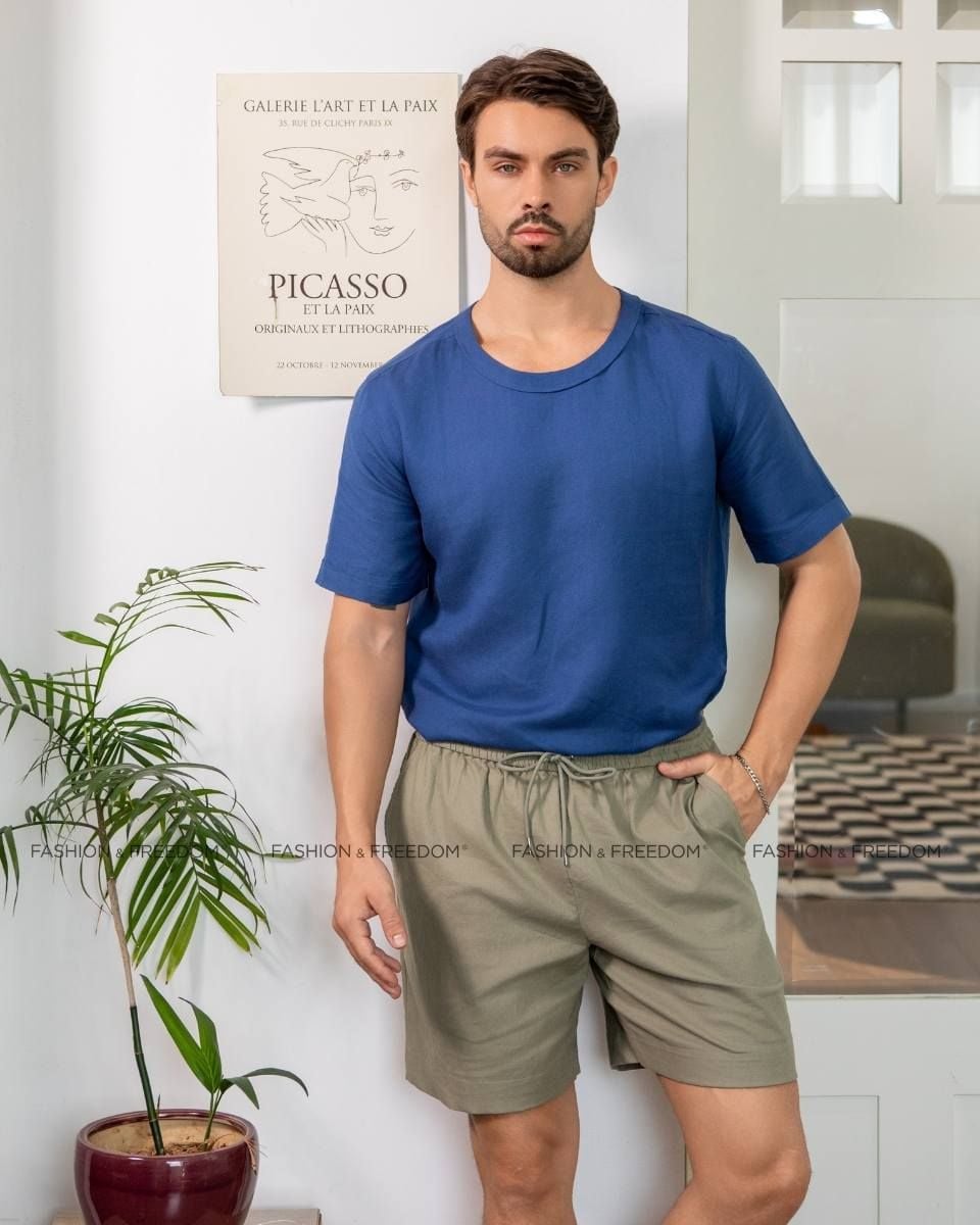 Áo Sơ Mi Cổ Tròn Linen Xanh Dương New Breeze
