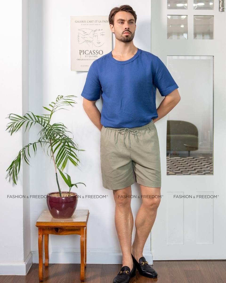 Áo Sơ Mi Cổ Tròn Linen Xanh Dương New Breeze