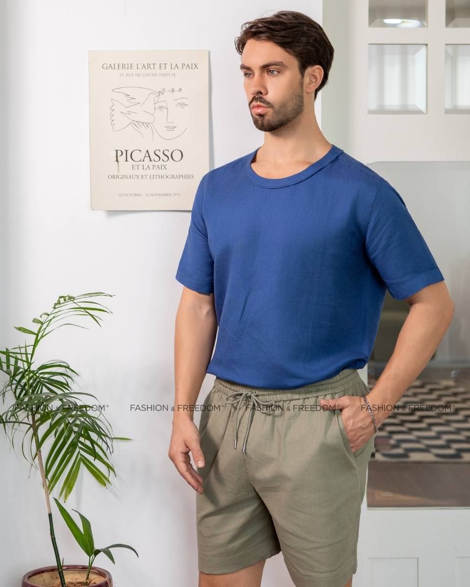Áo Sơ Mi Cổ Tròn Linen Xanh Dương New Breeze