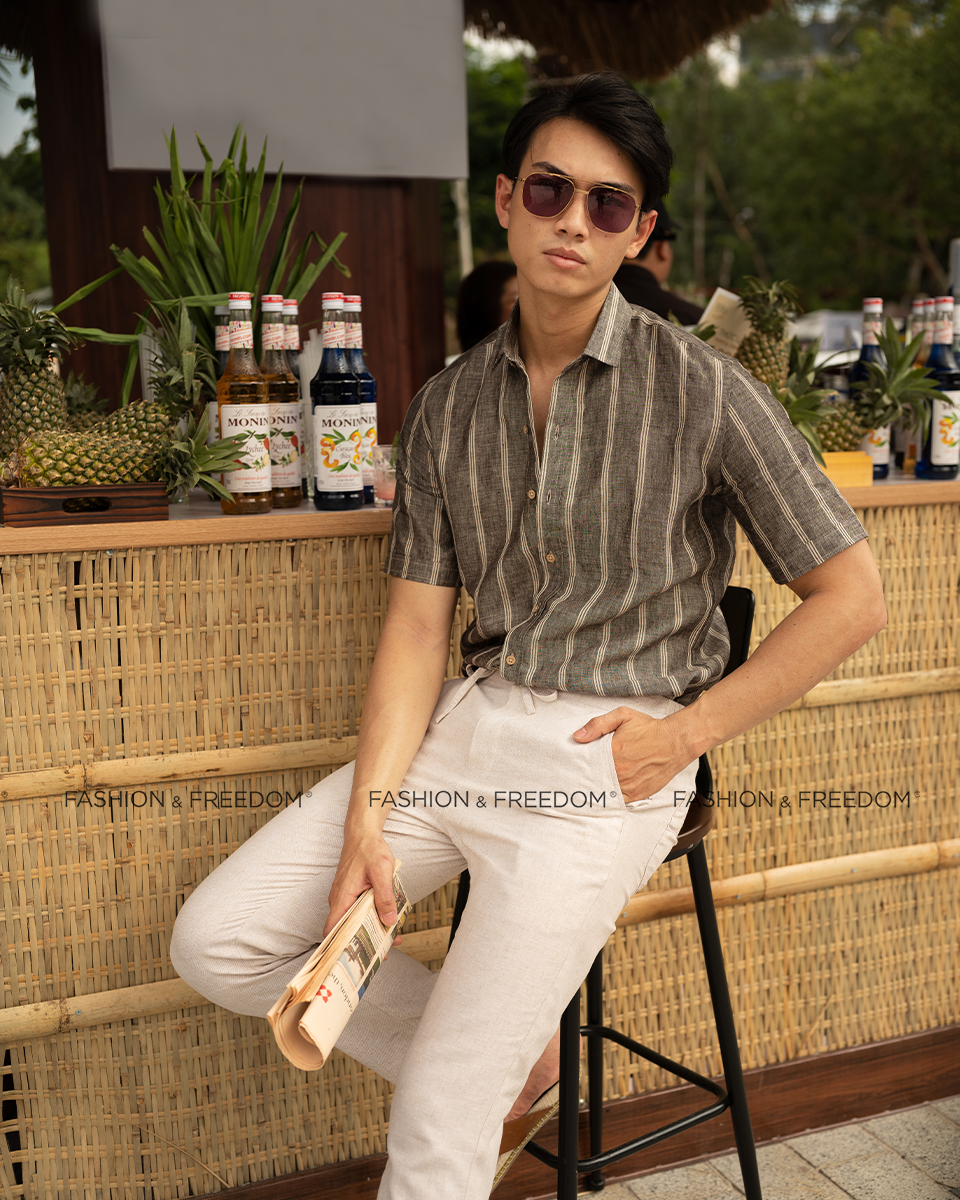 Áo Sơ Mi Nam Linen Sọc Xám