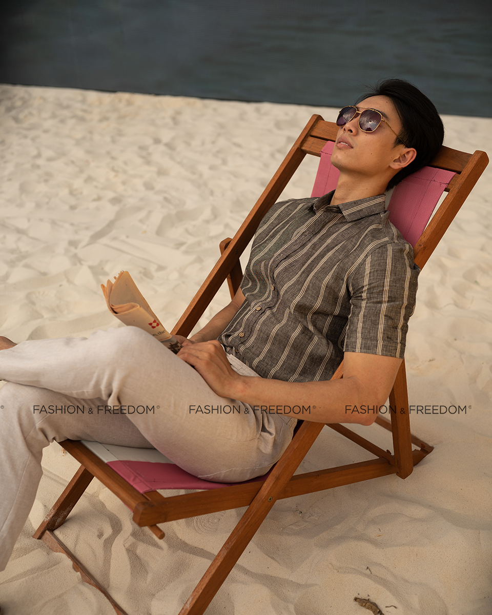 Áo Sơ Mi Nam Linen Sọc Xám