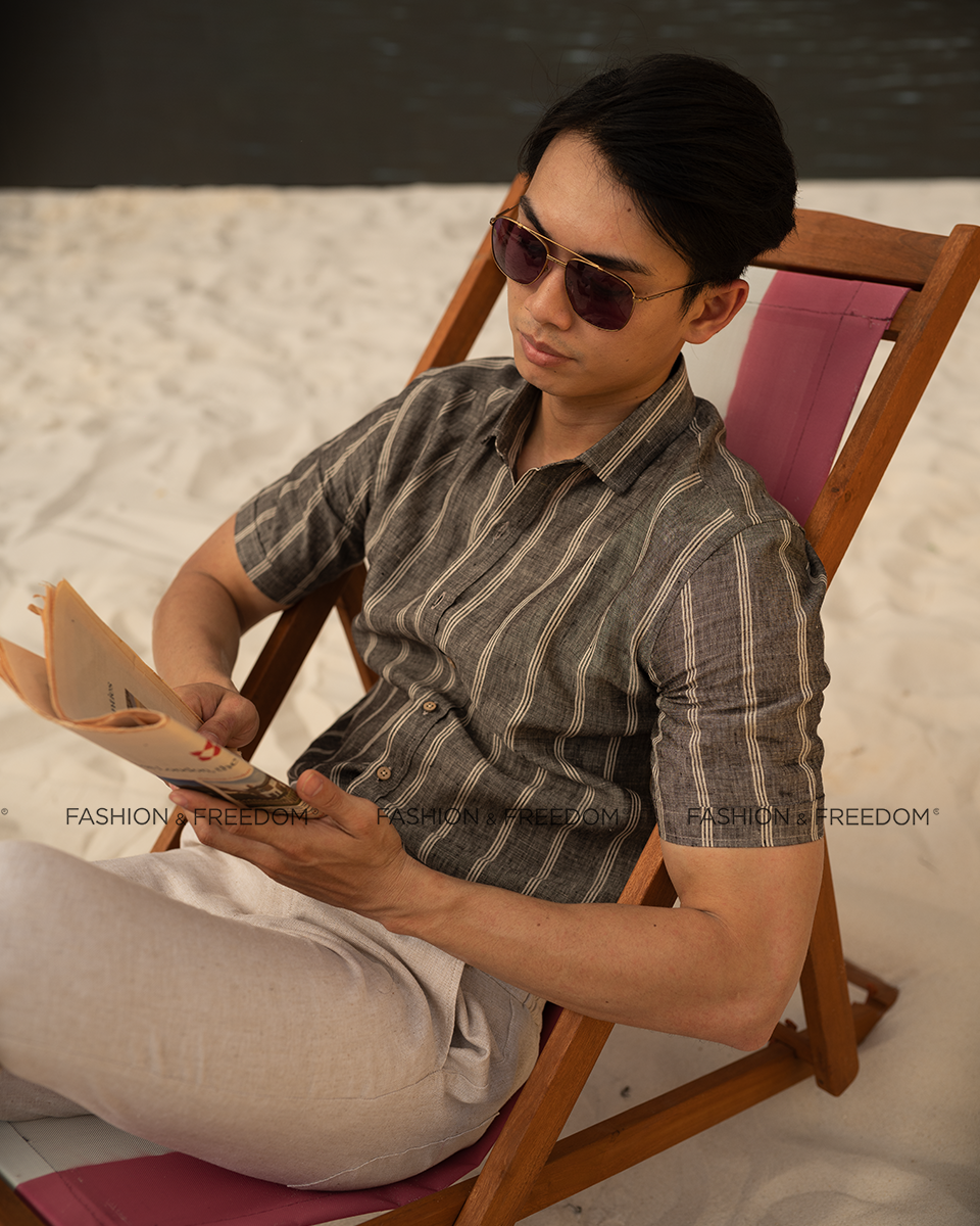 Áo Sơ Mi Nam Linen Sọc Xám