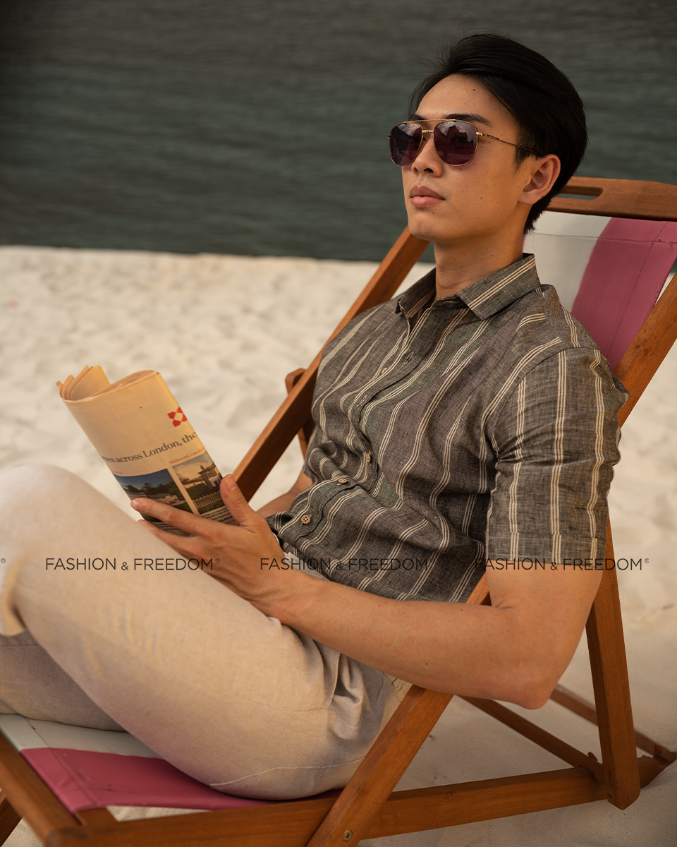 Áo Sơ Mi Nam Linen Sọc Xám