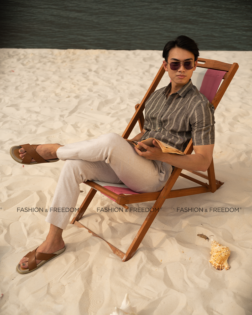 Áo Sơ Mi Nam Linen Sọc Xám