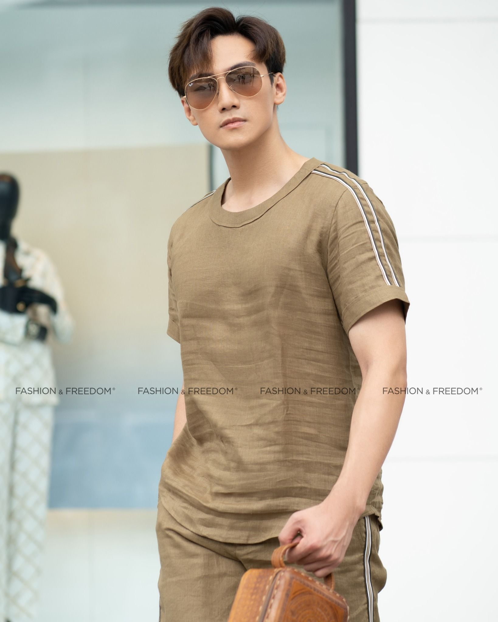 Áo Linen Nam Rêu Phối Tay Tender Drit