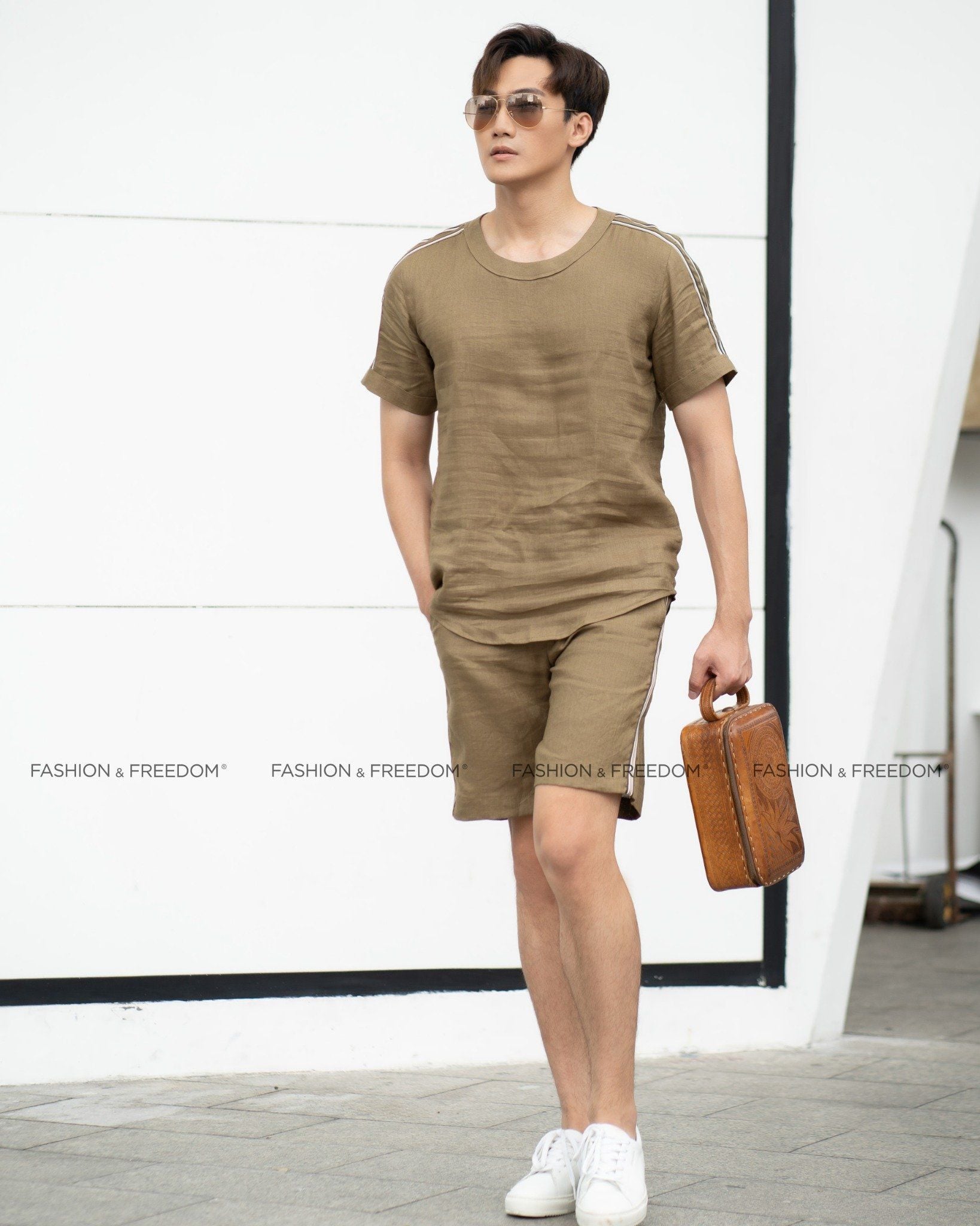 Áo Linen Nam Rêu Phối Tay Tender Drit