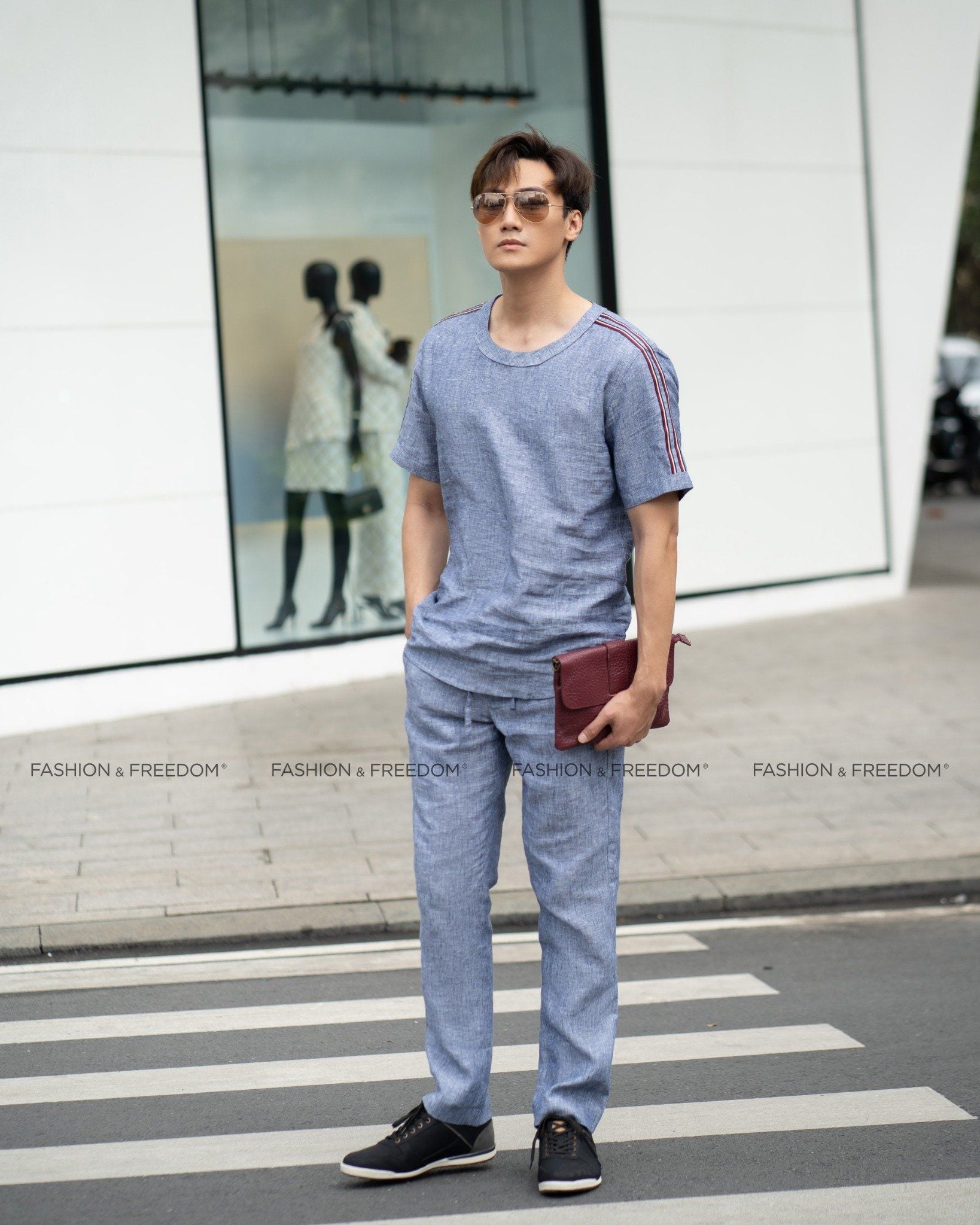 Áo Linen Xanh Xám Phối Sọc